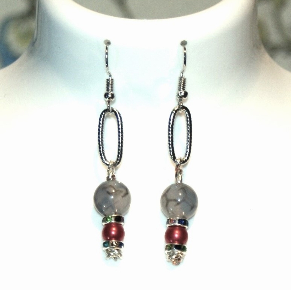 Tiger Stripe Jasper dangle earrings with crimson faux pears ED-10-012